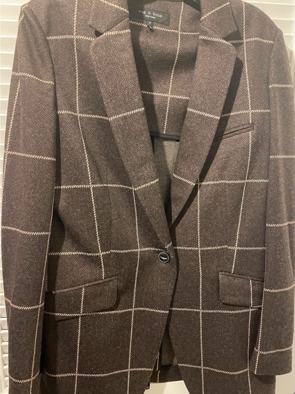 rag & bone Brown Windowpane Single-Button Wool Blazer